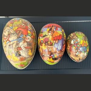 Vintage Paper Maché Three Nesting Easter Eggs Lithograph Easter Scenes Germany